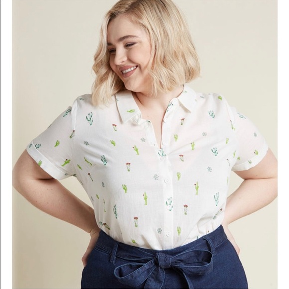 Modcloth Tops - Modcloth White Cactus Print Button Down Shirt Size 2X